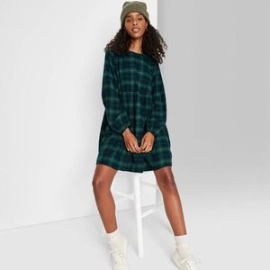 Wild Fable Women's Navy Green Plaid Dress Babydoll Style Flannel Long Sleeve MED